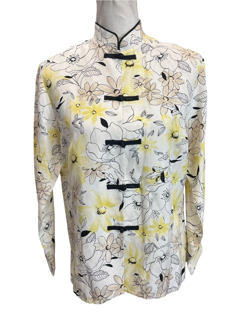 Pendleton Petite 8P Silk Linen Floral Mandarin Collar Frog Closure Jacket - Picture 7 of 16